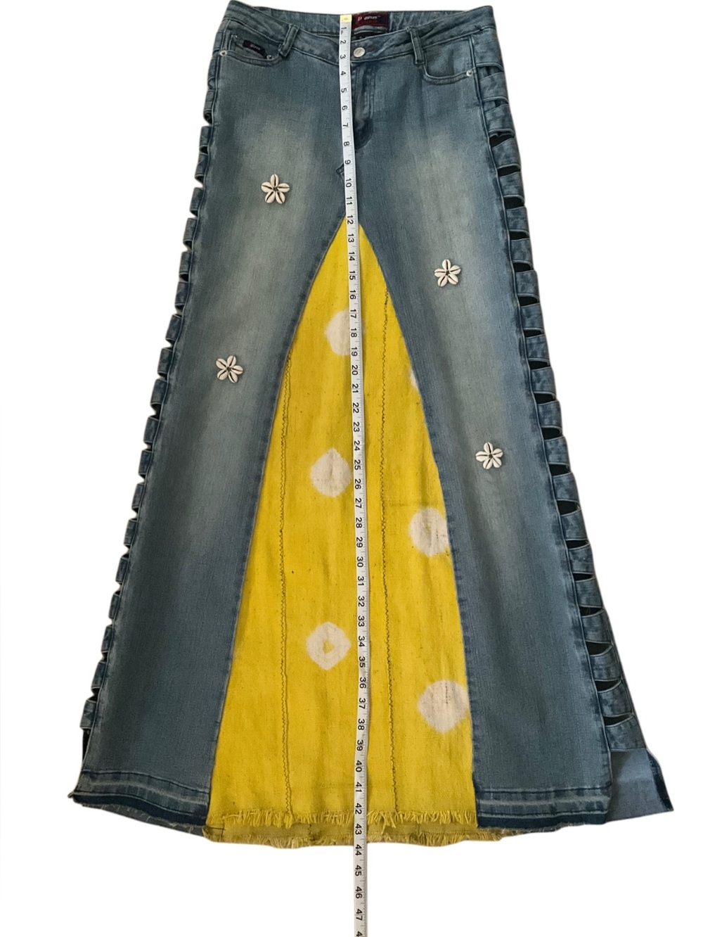 AUTHENTIC Maxi Denim Skirt w/ Yellow/White Mudcloth Inset & Cowrie Shells - Picture 5 of 7